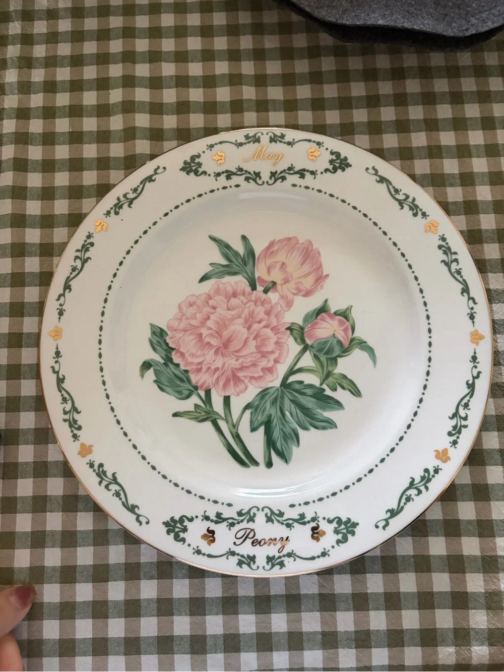 Peony Floral Dinner Plate in Pink and Green with Gold Trim